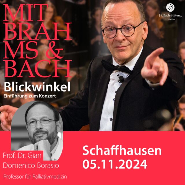 Auf Tournee mit Bach und Brahms 🎶✨

Bei diesem besonderen Konzert begleitet Palliativmediziner Gian Domenico Borasio die musikalische Reise und teilt seine tiefen Reflexionen über das Sterben. Ein Abend, der eine Brücke zwischen Musik, Philosophie und der Endlichkeit schlägt. Ein einzigartiges Erlebnis, das zum Nachdenken anregt und berührt.

#BachStiftung #AufTourneeMitBachUndBrahms #GianDomenicoBorasio #SterbenUndLeben #MusikUndPhilosophie #KlassischeMusik #BachKantate #jsbachstiftung